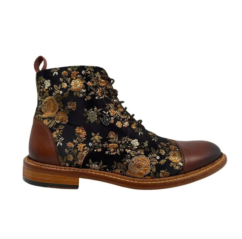 New TAFT The Jack Eden Cognac Floral Jacquard Cap Toe Boots Men Size 8